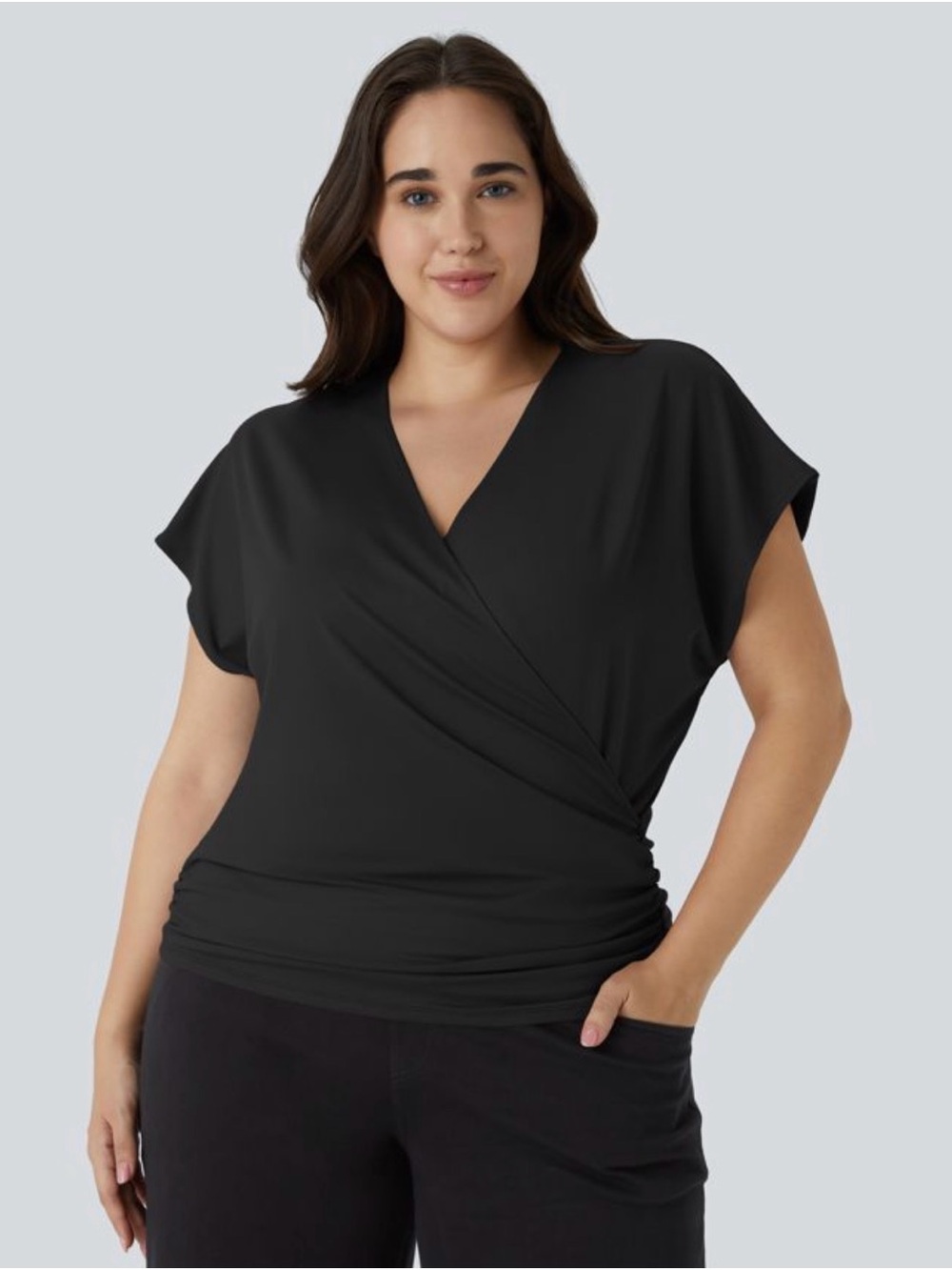 NWT HALARA Black Wrap-Front Short Sleeve Top 1X